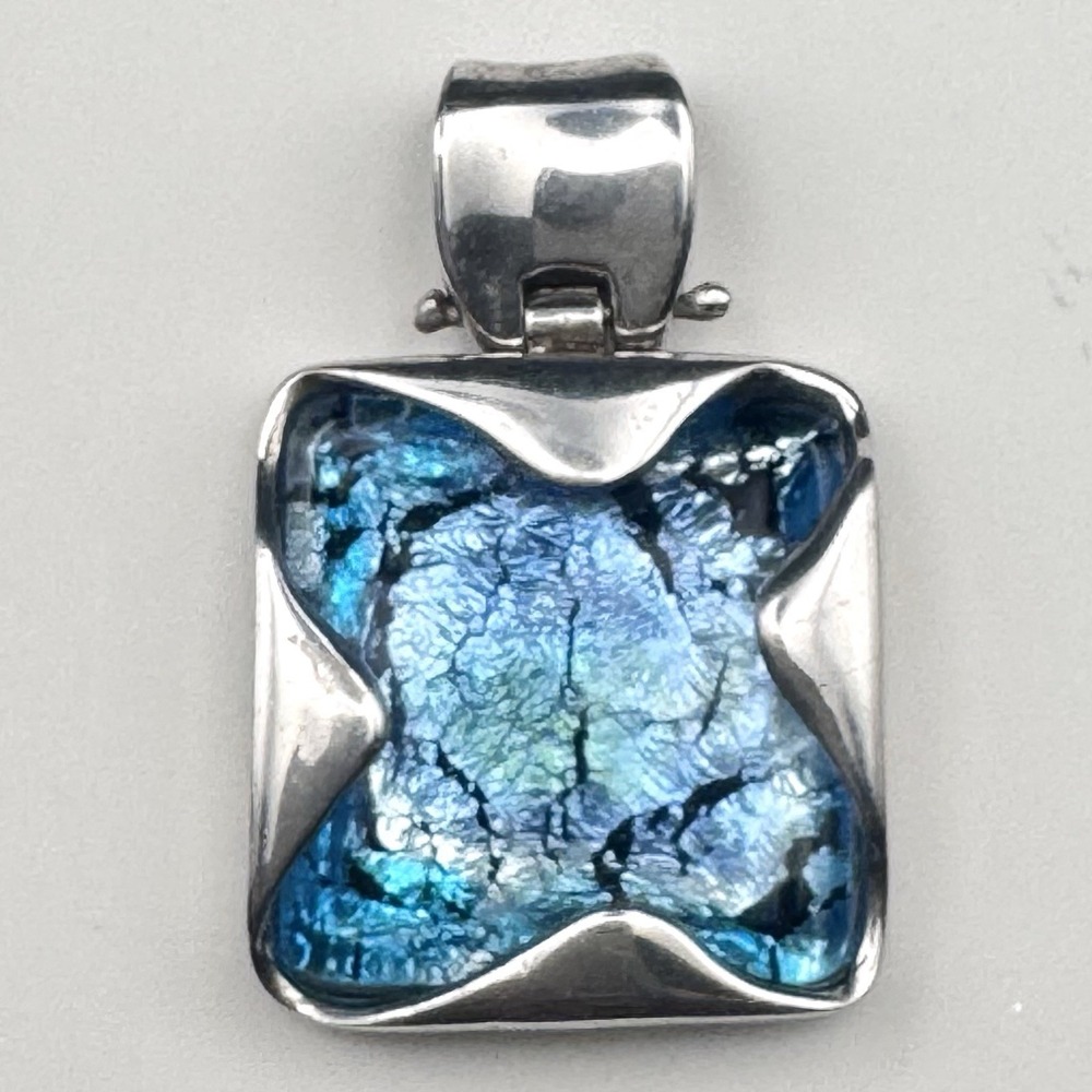 Italian 925 Sterling Silver Dichroic Art Glass Pendant 32.9g Blue Modernist